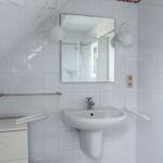 Badezimmer mit Waschbecken, Spiegel und Dusche.