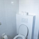 Toilette mit Toilettenpapier und Mülleimer in weißer Fliesenwand