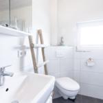 Badezimmer mit Waschbecken, Toilette und Dusche. Holzleiter und Fenster sichtbar.