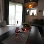 Wohnzimmer mit Sofa, Tisch und Wein. Fenster und Deckenleuchte sichtbar.
