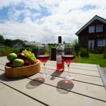 Tisch mit Wein, Obst und Blick auf Haus und Garten