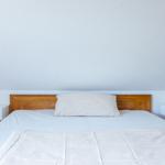 Schlafzimmer mit Bett, Holz-Kopfteil und zwei weißen Nachttischen mit Pflanze.