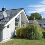 Moderne Villa mit grauem Dach und weißer Fassade. Garten mit Gras und hohen Pflanzen.
