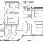 Grundriss einer Wohnung mit drei Schlafzimmern, Küche, Sauna und Terrasse.
