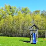 Großer grüner Garten mit Spielplatz und Wald im Hintergrund.