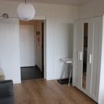Living room with sofa, floor lamp, and wardrobe. Wooden floor and white walls.