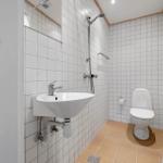 Bathroom with shower, toilet, and sink.