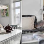 Dining table with teapot and cups, sofa with cushions and lamp