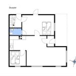 Floor plan shows living area with kitchen, bathroom, bedrooms, and hallway.