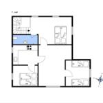 Ground floor plan with kitchen, bathroom, three bedrooms, and staircase.