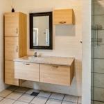 Bathroom with sink, mirror, shower, and window