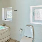 Bathroom with whirlpool, toilet, and two windows.