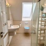 Badezimmer mit Dusche, Toilette und Waschbecken unter Dachfenster.