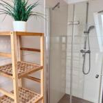 Dusche mit Glaswand und Holzregal mit Pflanze