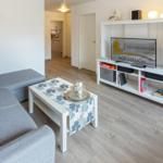 Wohnzimmer mit Sofa, Couchtisch und TV-Möbel. Küche im Hintergrund.