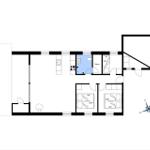 Wohnung mit zwei Schlafzimmern, Küche, Bad und Sauna. Raumübersicht mit Orientierung.