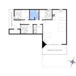 Wohnung mit drei Schlafzimmern, Küche und überdachter Terrasse.