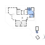 Grundriss einer Ferienwohnung mit drei Schlafzimmern, Küche und Sauna.