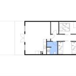 Apartment with kitchen, bathroom, and three bedrooms with beds.