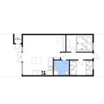 Apartment with kitchen, bathroom, and three bedrooms with beds.