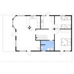 Stueplan zeigt Wohnfläche, Küche, Badezimmer und Schlafzimmer mit Maßen.