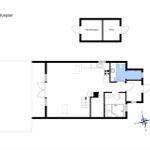 Stueplan zeigt Wohnfläche mit Küche, Bad und Schlafzimmer.