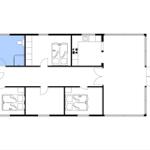 Gesamtplan einer Wohnung mit Küche, Bad und zwei Schlafzimmern.