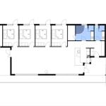 Vier Schlafzimmer, Küche, Bad und Treppenhaus im Grundriss.
