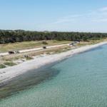 Strand mit Steinen, Fahrzeuge und Wald im Hintergrund.