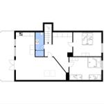 Funktionaler Grundriss mit Küche, Bad, Schlafzimmer und Wohnbereich.