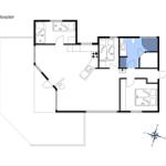 Stueplan zeigt Wohnraum, Küche, drei Schlafzimmer und Bad mit Dusche.