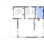 Drei Schlafzimmer, Küche und Bad im Grundriss.