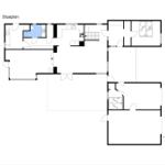 Stueplan zeigt Wohn- und Schlafzimmer, Küche und Badezimmer mit Möbeln und Orientierung.