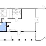 Wohnung mit zwei Schlafzimmern, Küche und Bad. Raumübersicht mit Maßangaben.