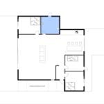 Übersichtsplan einer Wohnung mit Küche, Wohnzimmer, zwei Schlafzimmern und einer überdachten Terrasse.