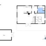 Stueplan zeigt Küche, Schlafzimmer und Bad. Privater Bereich separat.