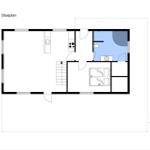 Stueplan zeigt Wohnfläche, Küche, Bad und Schlafzimmer mit Maßangaben.