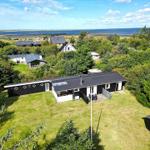 Schwarzes Haus mit Garten, umgeben von Bäumen und Blick auf das Meer.