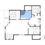 Wohnung mit vier Schlafzimmern, Küche und überdachter Terrasse.
