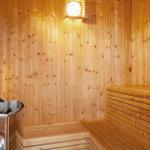 Sauna with wooden walls, benches, and heater.
