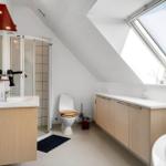 Bathroom with shower, toilet, sink, and skylight.
