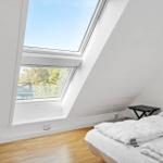 Bedroom with skylight, bed, and chair. Wooden floor and white walls.