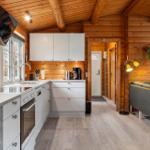 Küche mit weißen Schränken und Holzwand. Wohnbereich mit Sofa und Stehlampe.