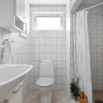 Badezimmer mit Dusche, Toilette und Waschbecken. Fliesenwand und Fenster.