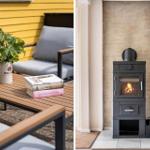 Außenbereich mit Tisch, Sitzgelegenheit und Pflanze. Innen: Kaminofen mit brennendem Holz.