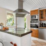 Küche mit Holzschränken, Edelstahlgeräten und Kücheninsel.