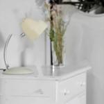 Weißer Schrank mit Lampe und Blumen auf der Oberfläche.