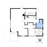 Wohnung mit Küche, Schlafzimmer und Bad. Raumübersicht mit Orientierung.