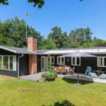 Schwarze Holzhütte mit Terrasse, Garten und Grillplatz im Wald.