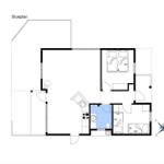 Einfamilienhaus mit Küche, Schlafzimmer und Bad. Grundriss mit Orientierung.